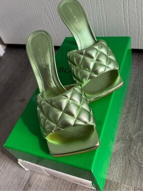 Bottega Veneta Metallic Napa Reflection Matelasse Padded Mule Sandals Pistachio